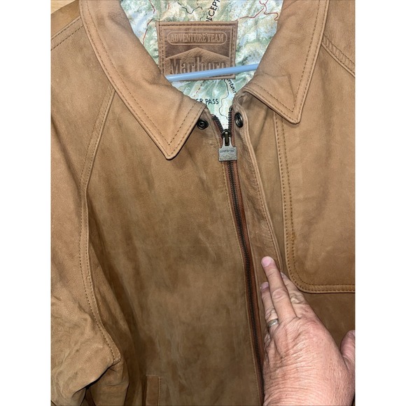 Vintage 90s Marlboro Brown Leather Bomber Jacket With Map Lining Design Men's L - Picture 4 of 11